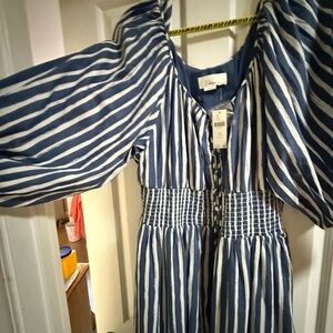 Anthropologie Navy and White Vertical Stripe Peasant Top